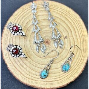 Lot 3 925 sterling silver earrings lot garnet turquoise CZ dangle clips